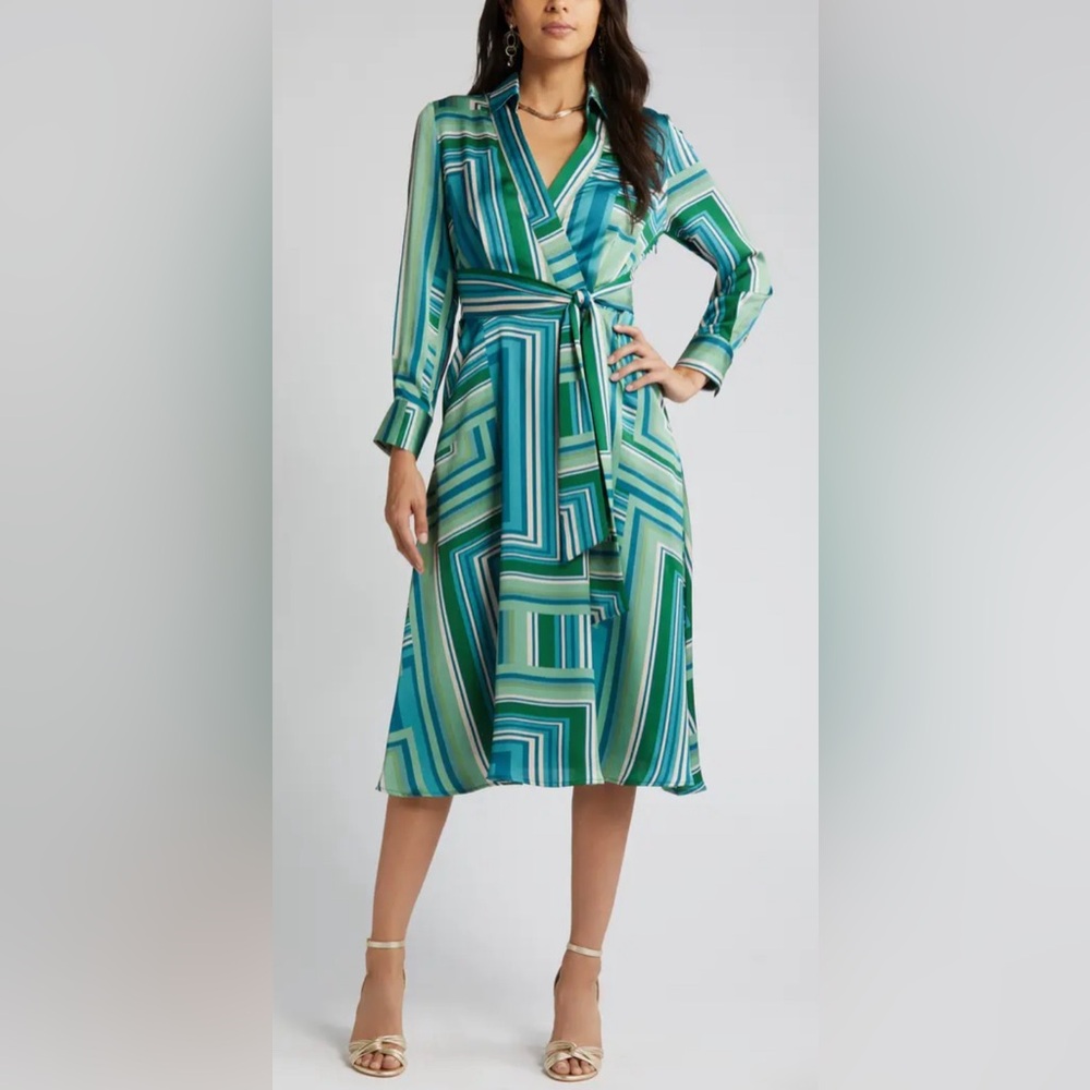 Tahari ASL Abstract Print Long Sleeve Satin Midi Dress size 8, NWT - Picture 3 of 15